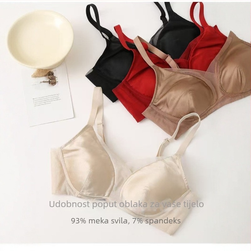 Mulberry svila satenski, 19 Momme, ultra-tanki bez žice, duboki V, skupljajući mrežni panel, 3/4 košarica