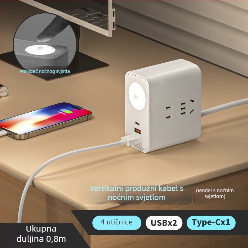Pametni stolni vertikalni produžni blok s USB-om, višenamjenski za kućnu upotrebu i putovanja, s Type-C kabelom