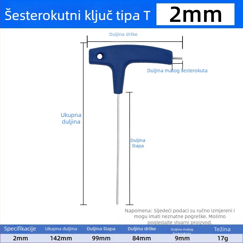 T-oblik šesterostruki ključ, ručni, veličine 2, 5 i 10 mm, kuglasta glava i ravni vrh