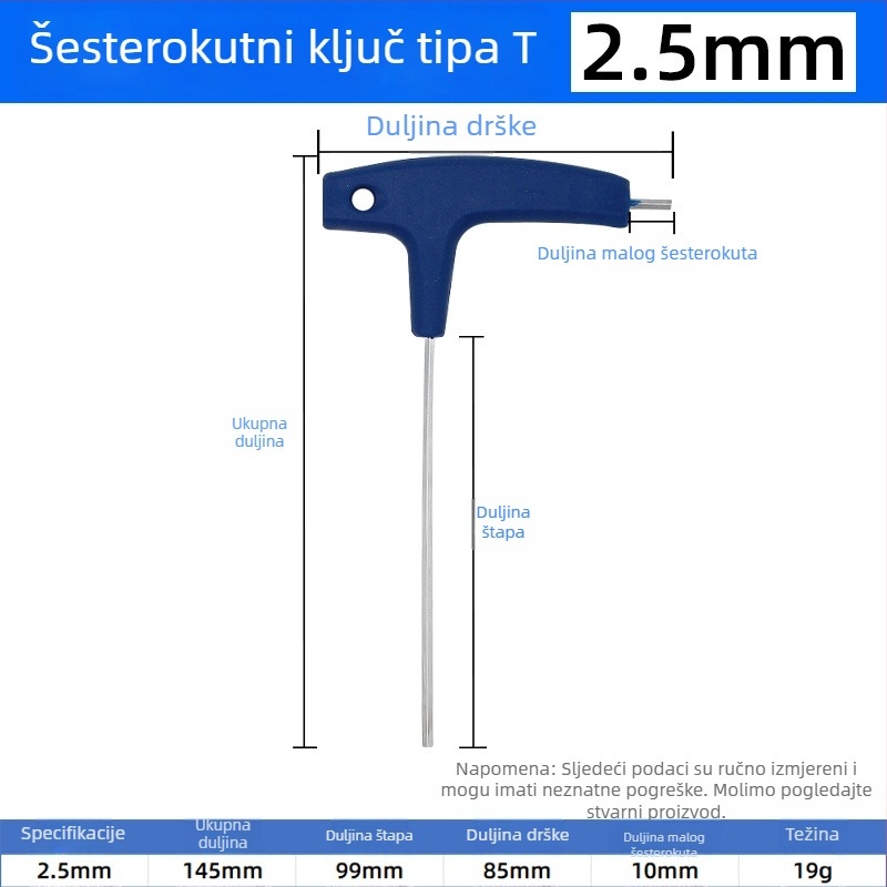 T-oblik šesterostruki ključ, ručni, veličine 2, 5 i 10 mm, kuglasta glava i ravni vrh