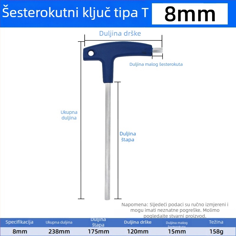 T-oblik šesterostruki ključ, ručni, veličine 2, 5 i 10 mm, kuglasta glava i ravni vrh