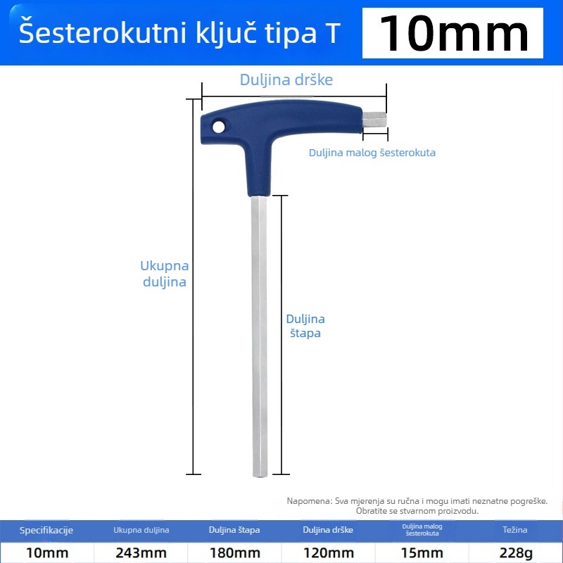 T-oblik šesterostruki ključ, ručni, veličine 2, 5 i 10 mm, kuglasta glava i ravni vrh