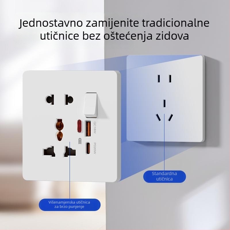 AOKOLa Višenamjenska utičnica tipa 86 sa prekidačem, Type-C priključkom i USB brzim punjenjem, skrivena ugradnja, petpolna utičnica