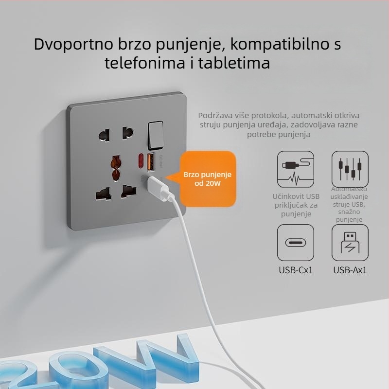 AOKOLa Višenamjenska utičnica tipa 86 sa prekidačem, Type-C priključkom i USB brzim punjenjem, skrivena ugradnja, petpolna utičnica