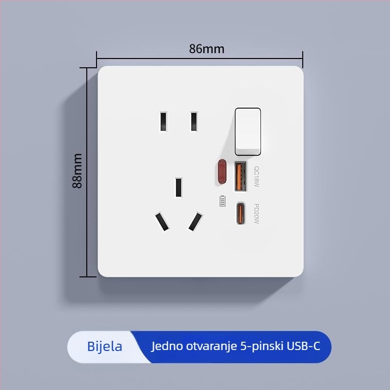 AOKOLa Višenamjenska utičnica tipa 86 sa prekidačem, Type-C priključkom i USB brzim punjenjem, skrivena ugradnja, petpolna utičnica