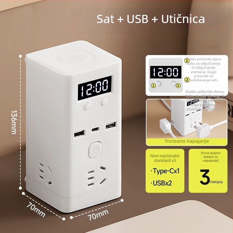 Uspravna USB produžna utičnica s bežičnim punjenjem, višefunkcionalna stolna utičnica s dugim kabelom