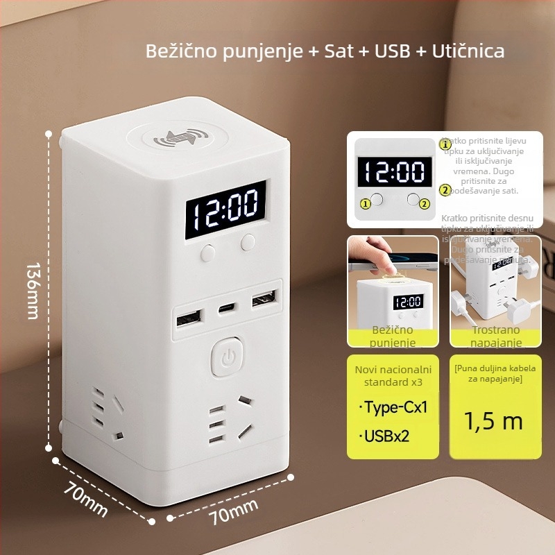 Uspravna USB produžna utičnica s bežičnim punjenjem, višefunkcionalna stolna utičnica s dugim kabelom