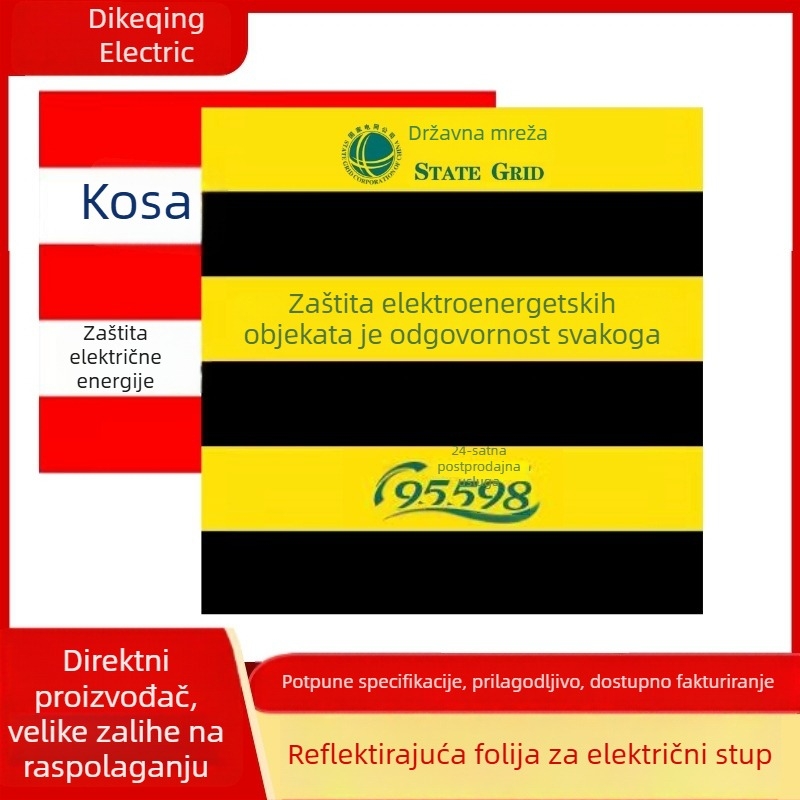 Reflektirajući film za električne stupove s upozoravajućom naljepnicom, diagonalan obrazac crno-žuto-crveno-bijelo, aluminijska podloga.