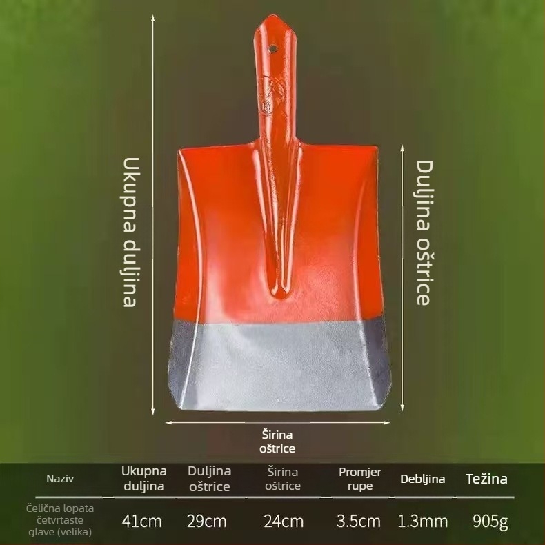 Lopata od čelika s drvenom drškom; glave kvadratne, ravne i okrugle za građevinarstvo i poljoprivredu; širina glave 20 cm, težina 458–905 g.