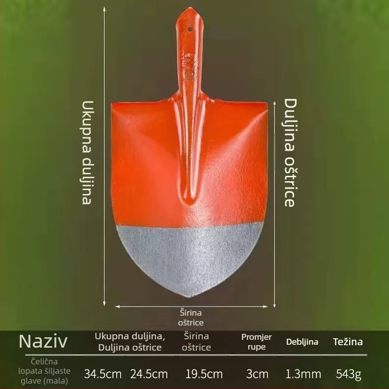Lopata od čelika s drvenom drškom; glave kvadratne, ravne i okrugle za građevinarstvo i poljoprivredu; širina glave 20 cm, težina 458–905 g.