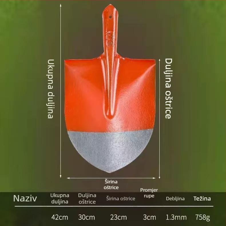 Lopata od čelika s drvenom drškom; glave kvadratne, ravne i okrugle za građevinarstvo i poljoprivredu; širina glave 20 cm, težina 458–905 g.