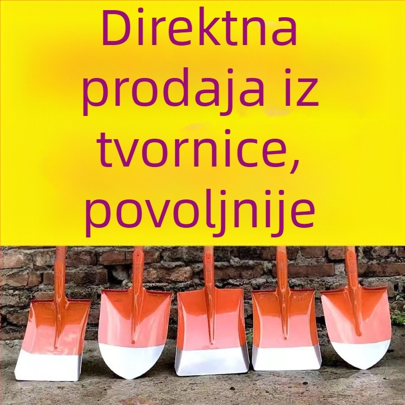 Lopata od čelika s drvenom drškom; glave kvadratne, ravne i okrugle za građevinarstvo i poljoprivredu; širina glave 20 cm, težina 458–905 g.