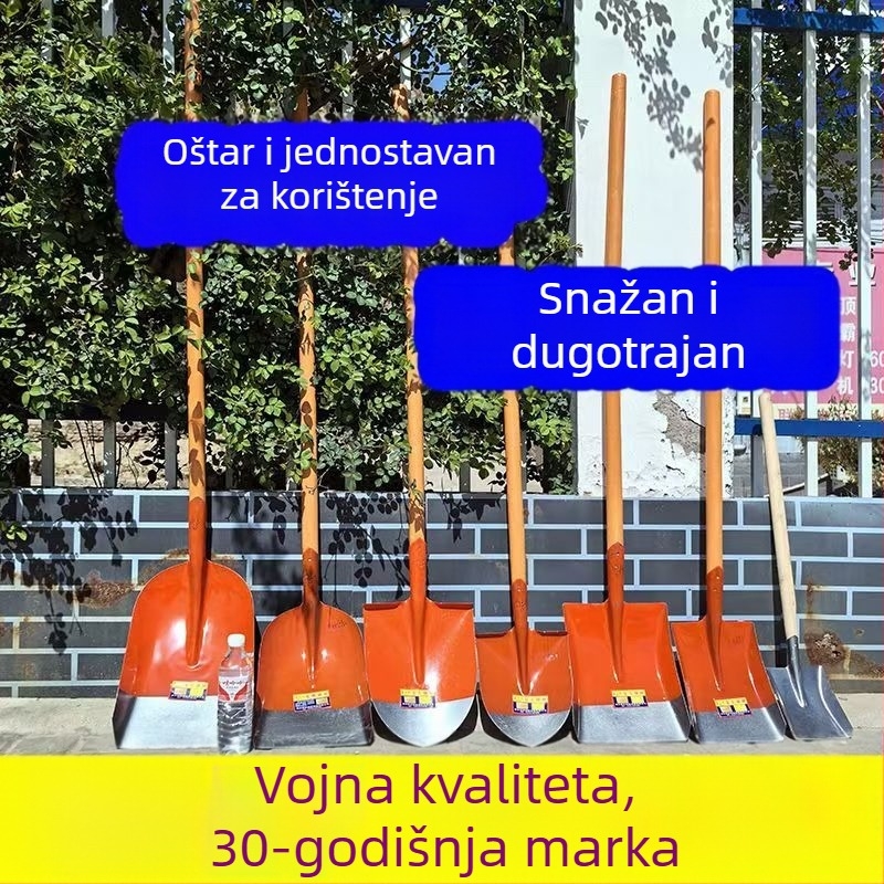 Lopata od čelika s drvenom drškom; glave kvadratne, ravne i okrugle za građevinarstvo i poljoprivredu; širina glave 20 cm, težina 458–905 g.