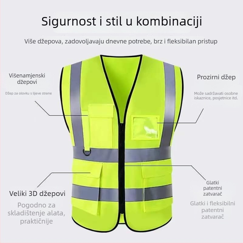 Reflektirajući sigurnosni prsluk sa zatvaračem i više džepova za gradilišta, službe za komunalnu čistoću i prometnu sigurnost