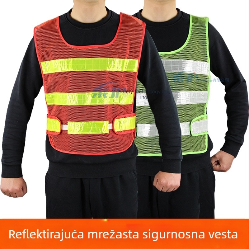 Reflektirajuća sigurnosna vesta s fluorescencijskom mrežom, crveno‑žuti dizajn, za gradilišta, promet i vožnju bicikla