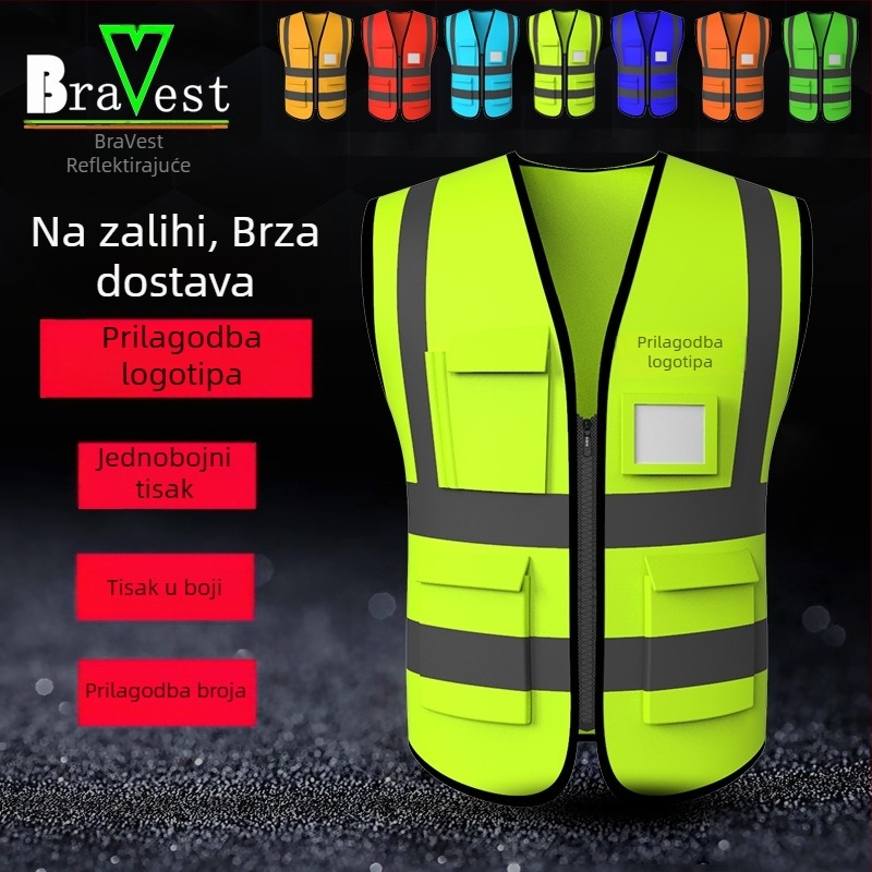 Reflektirajuća sigurnosna vesta visoke vidljivosti s više džepova za građevinske radove, prilagodljiva logotipu u boji
