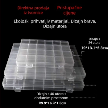 Proziran stolni organizator s 40 pretinaca i 24 pretinaca za polimernu glinu – idealno za perle, dijelove i DIY projekte.
