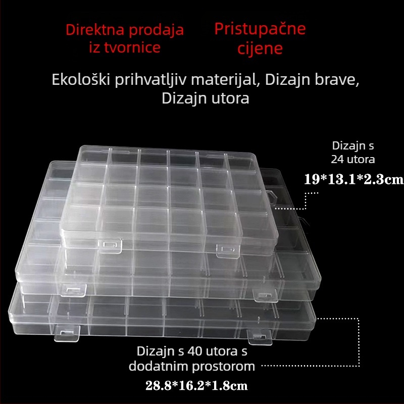 Proziran stolni organizator s 40 pretinaca i 24 pretinaca za polimernu glinu – idealno za perle, dijelove i DIY projekte.