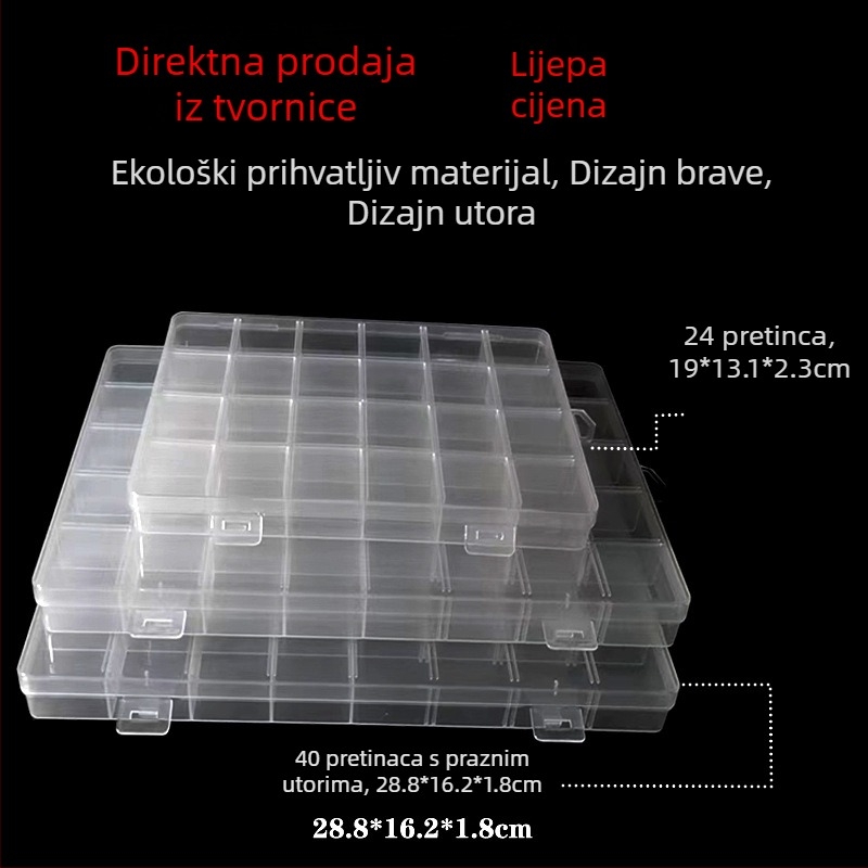 Proziran stolni organizator s 40 pretinaca i 24 pretinaca za polimernu glinu – idealno za perle, dijelove i DIY projekte.
