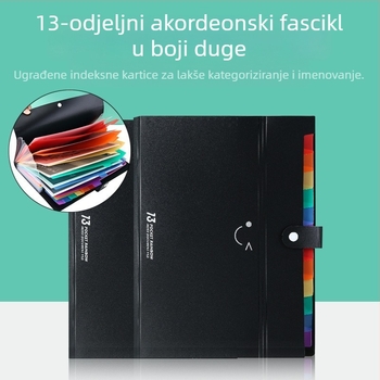 A4 crna akordeonska mapa za dokumente s 13 pretinaca, velika kapaciteta za studentske ispite