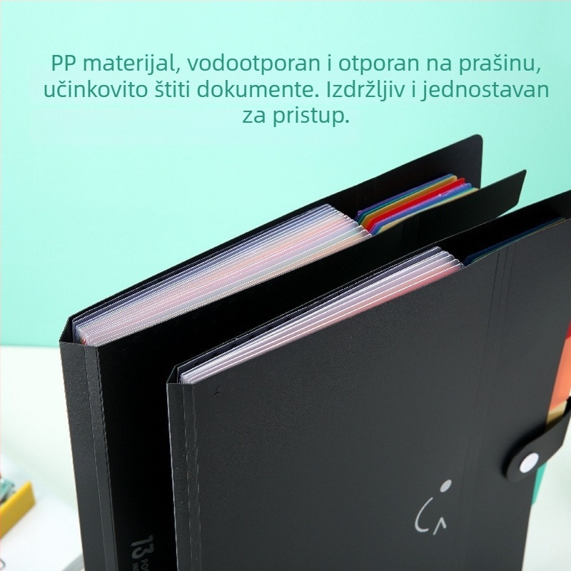 A4 crna akordeonska mapa za dokumente s 13 pretinaca, velika kapaciteta za studentske ispite