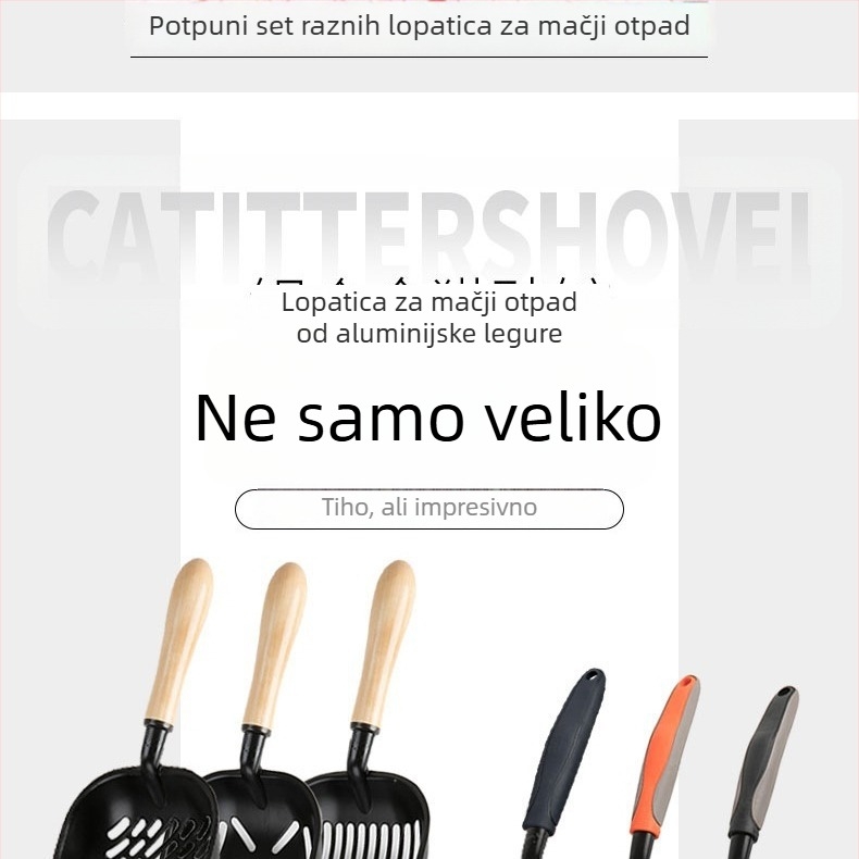 Višebojna lopatica za mačji pijesak od nehrđajućeg čelika i aluminijske legure, s drvenom ručkom
