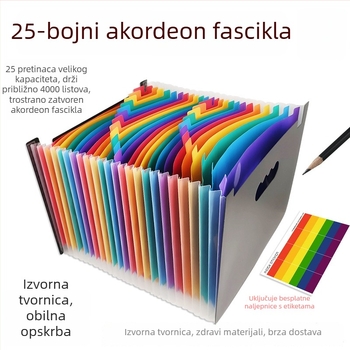 Plastični organizator dokumenata sa 25 pretinaca, trostruko zatvaranje i kaiš za kačenje, flip accordion dizajn, A4, višeslojni PP organizator dokumenata