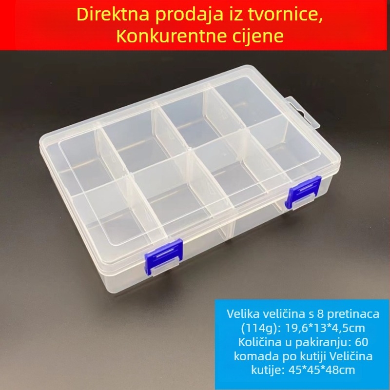 Velika prozirna plastična kutija za skladištenje s 8 odjeljaka, odvojivim dvostrukim zatvaračem, PP materijal, za nakit, kartice, alati i lijekove