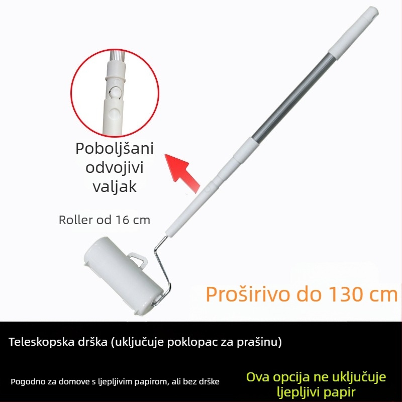 Ljepljivi valjak s zamjenjivim jezgrom ljepilnog papira, 90 listova, veliki rolni papir, odvojiva teleskopska drška, promjer role 16–24 cm