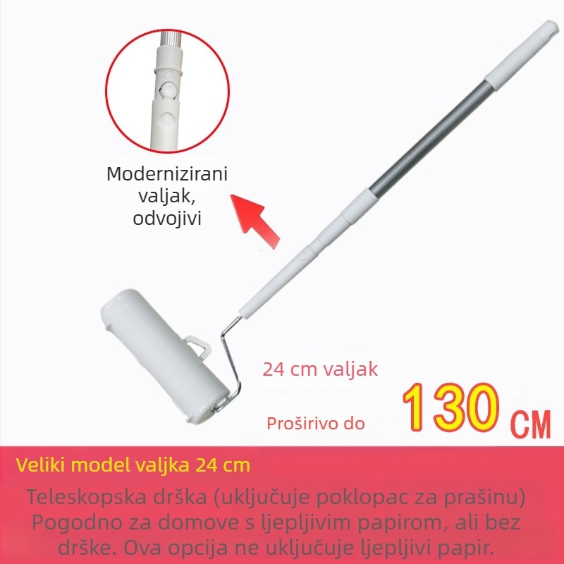 Ljepljivi valjak s zamjenjivim jezgrom ljepilnog papira, 90 listova, veliki rolni papir, odvojiva teleskopska drška, promjer role 16–24 cm