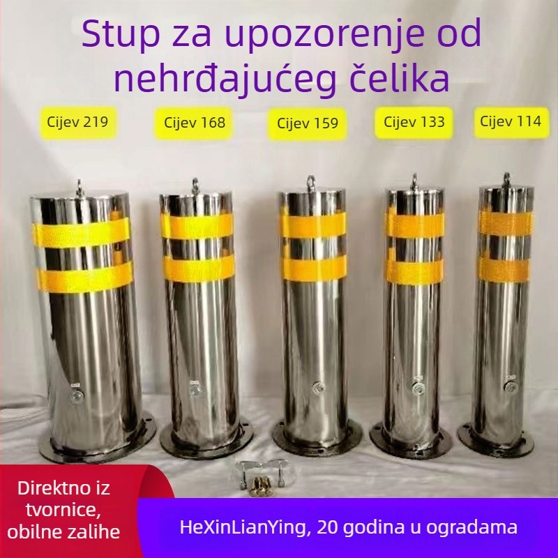 Bollard od nehrđajućeg čelika 304 za parkirališta, fiksni izolacijski stup s reflektirajućom sigurnosnom oznakom