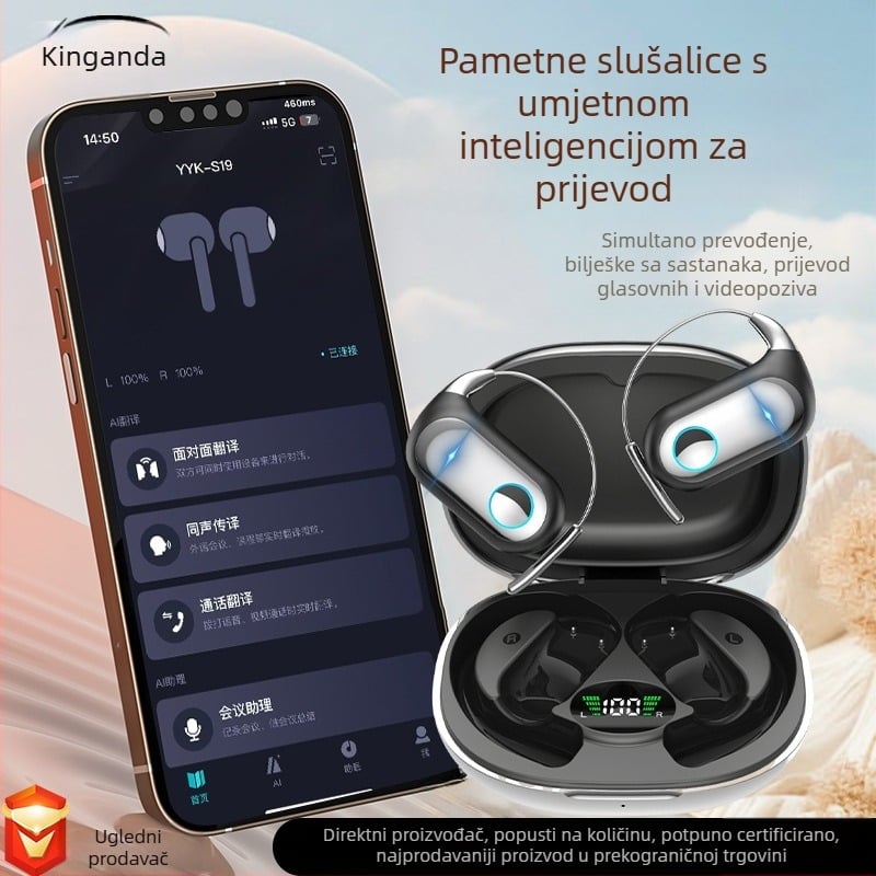 Bluetooth slušalice s AI prijevodom i prijevodom uživo, bežične sportske slušalice s kopčom za uho, dugo trajanje baterije