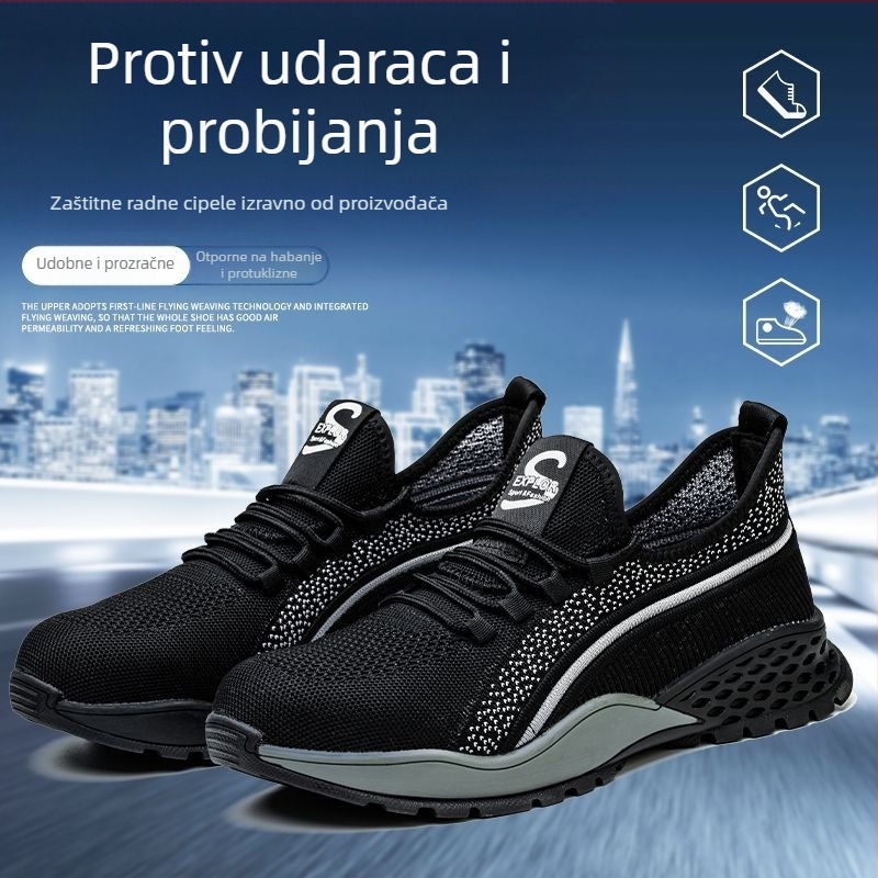 Muške sigurnosne cipele s čeličnom zaštitom, prozračna Fly-Knit mrežasta gornja, gumeni potplat, protuklizne, antistatične, lagane