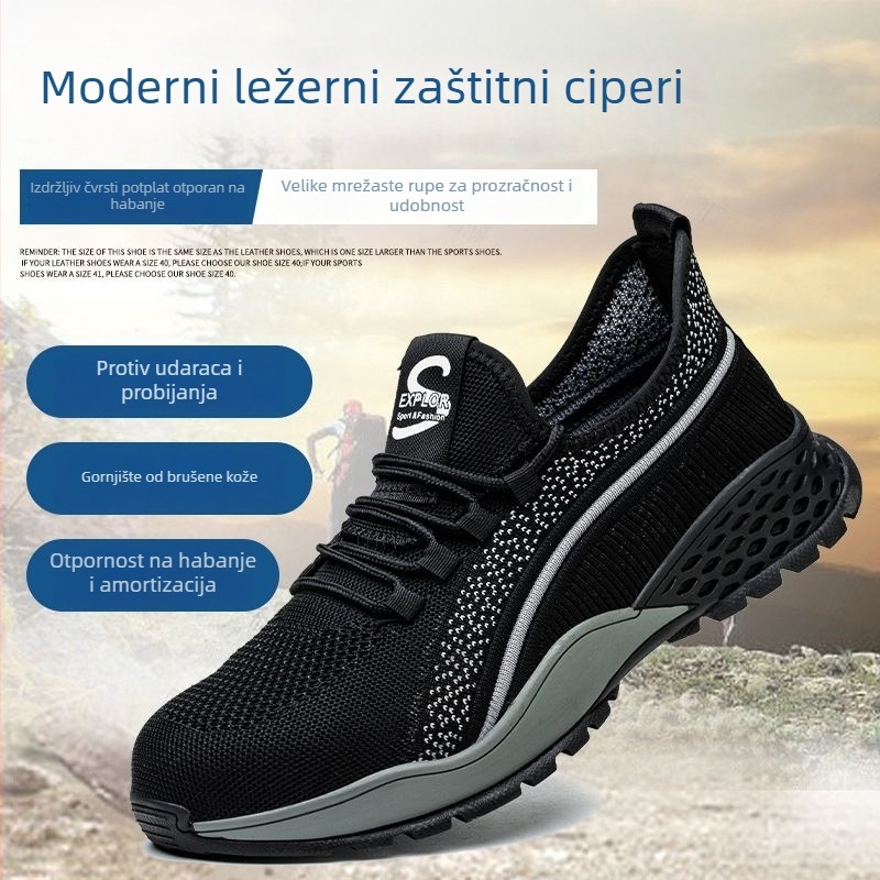 Muške sigurnosne cipele s čeličnom zaštitom, prozračna Fly-Knit mrežasta gornja, gumeni potplat, protuklizne, antistatične, lagane