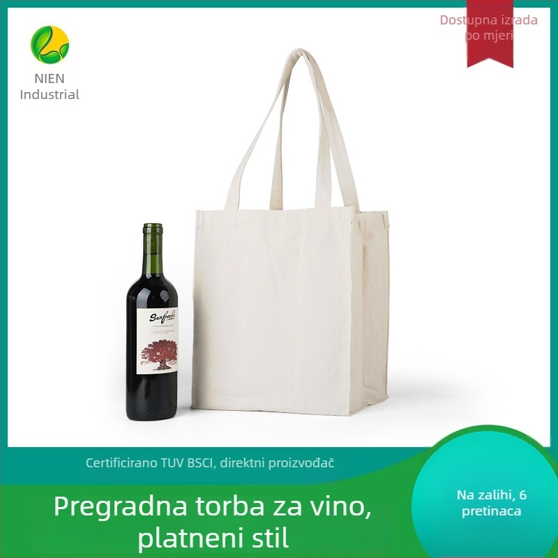 Platnena torba s podijeljenim pretincima od poliestersko-pamučnog platna, držač za bocu vina, ponovno upotrebljiva torba za kupovinu