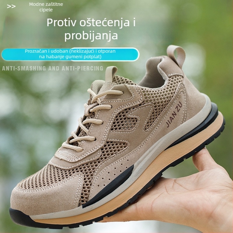 Prozračne, lagane zaštitne radne cipele s plastičnim vrhom prsta, zaštita od udara i penetracije, gornji dio od nubuka i mrežaste tkanine, niski profil, ljetni model, boja pijesak