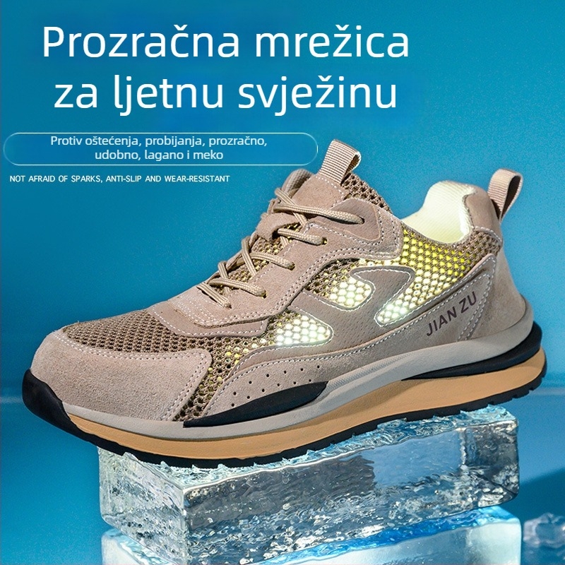 Prozračne, lagane zaštitne radne cipele s plastičnim vrhom prsta, zaštita od udara i penetracije, gornji dio od nubuka i mrežaste tkanine, niski profil, ljetni model, boja pijesak