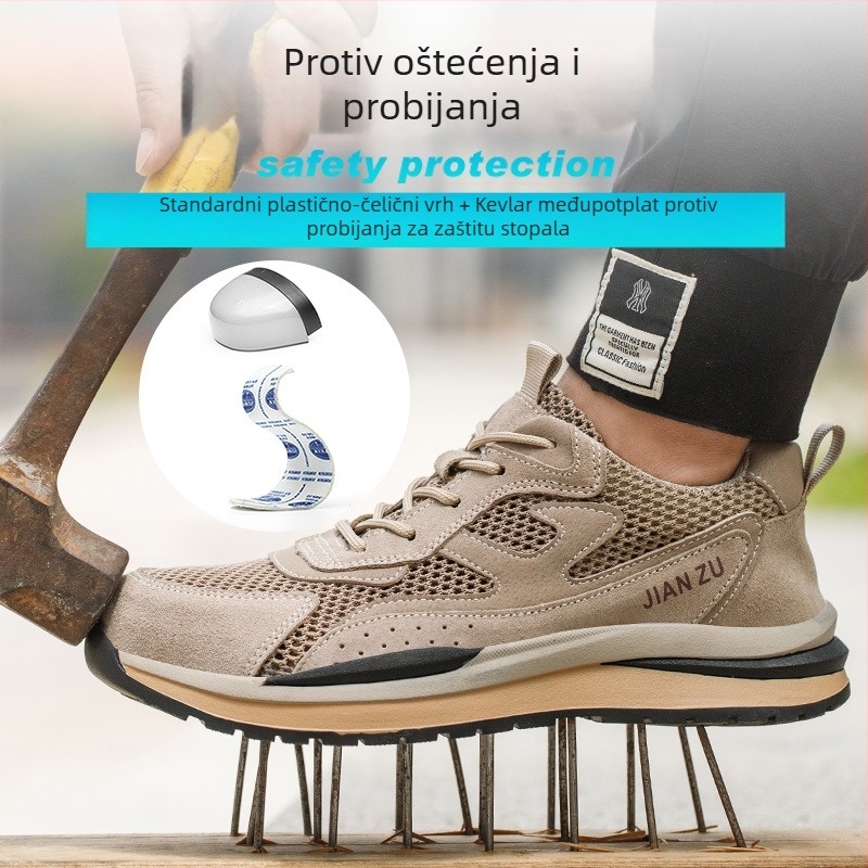 Prozračne, lagane zaštitne radne cipele s plastičnim vrhom prsta, zaštita od udara i penetracije, gornji dio od nubuka i mrežaste tkanine, niski profil, ljetni model, boja pijesak
