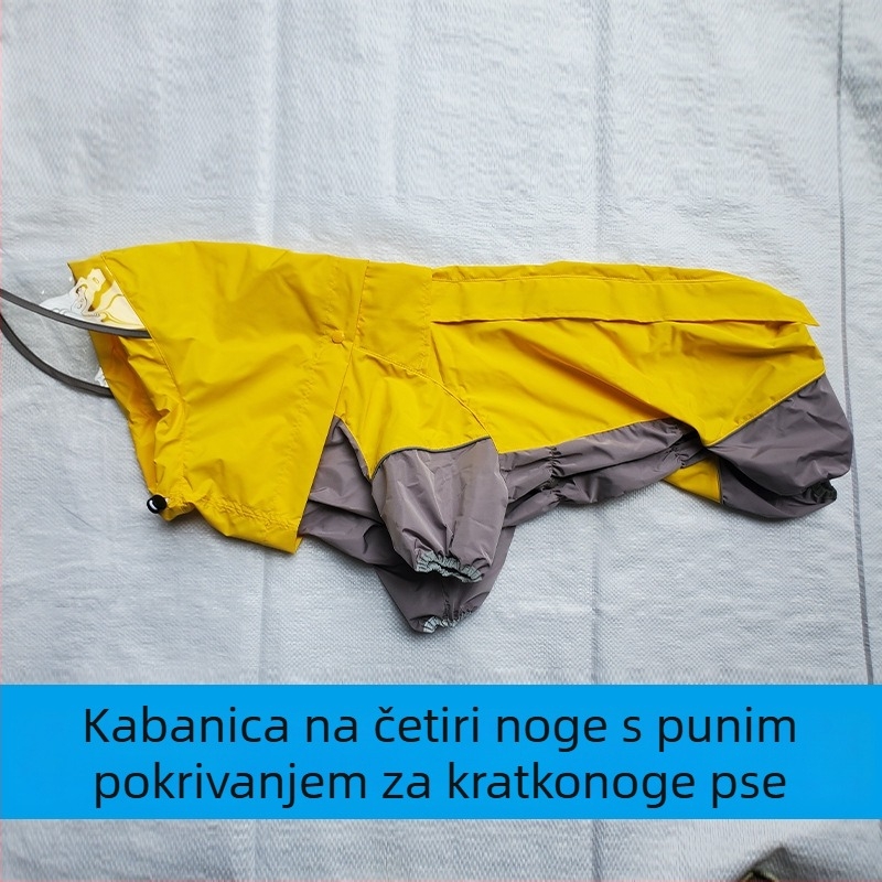 Žuti vodootporni kaput za male i srednje pse, posebno dizajniran za korgije, francuske buldoge i mopse; pogodan za ženke.