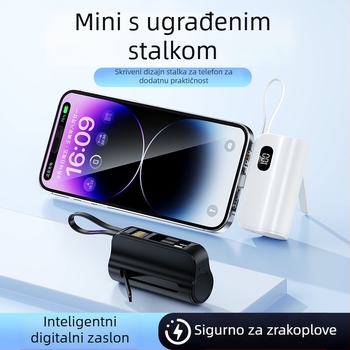 KC-certificirani mini kapsulni power bank 5000mAh s integriranim kabelom, prenosni izvor napajanja s mogućnošću prilagodbe logotipa