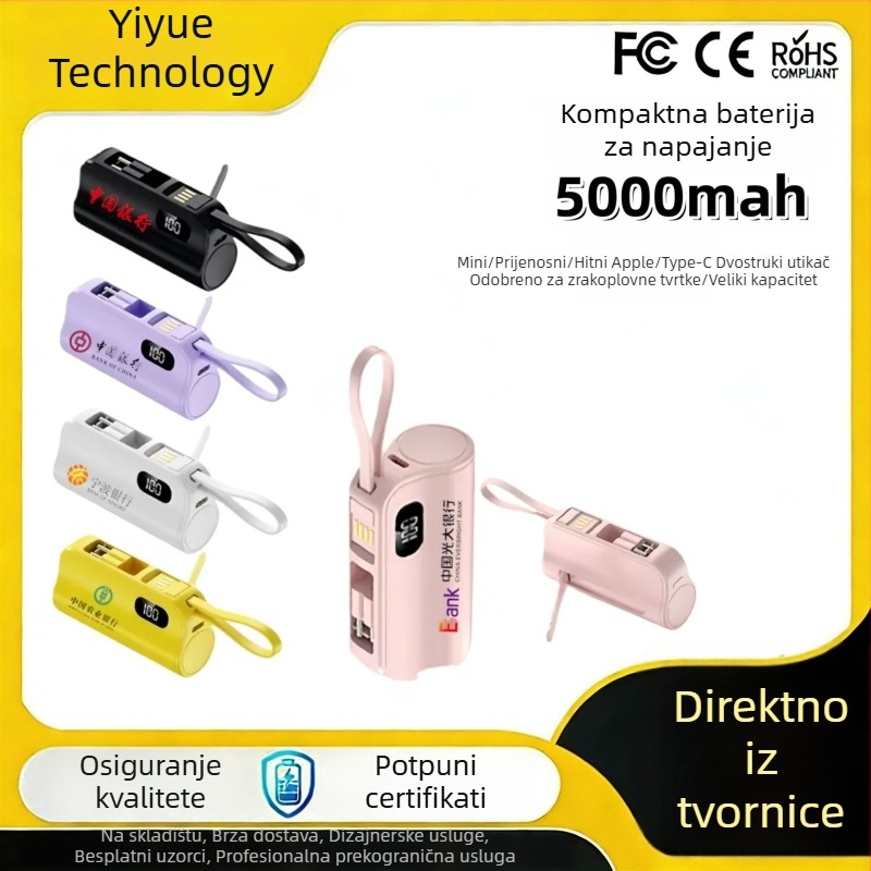 KC-certificirani mini kapsulni power bank 5000mAh s integriranim kabelom, prenosni izvor napajanja s mogućnošću prilagodbe logotipa