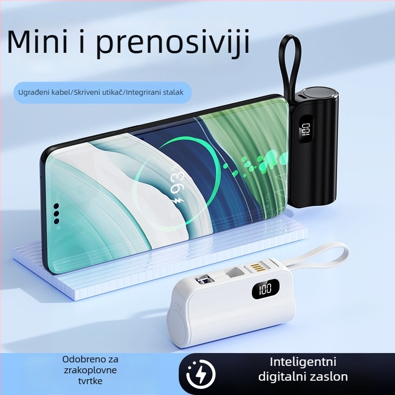 KC-certificirani mini kapsulni power bank 5000mAh s integriranim kabelom, prenosni izvor napajanja s mogućnošću prilagodbe logotipa