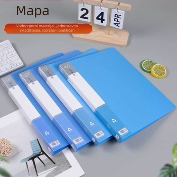 Debeli folder za uredske dokumente s plavim umetnutim stranicama za pohranu datoteka, pogodan za studentske ispite.