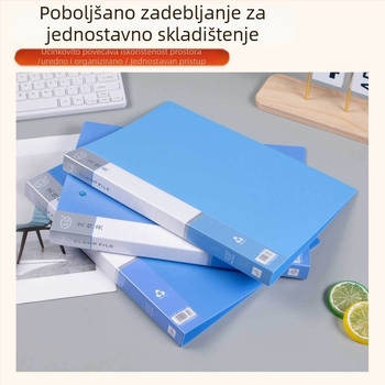 Debeli folder za uredske dokumente s plavim umetnutim stranicama za pohranu datoteka, pogodan za studentske ispite.
