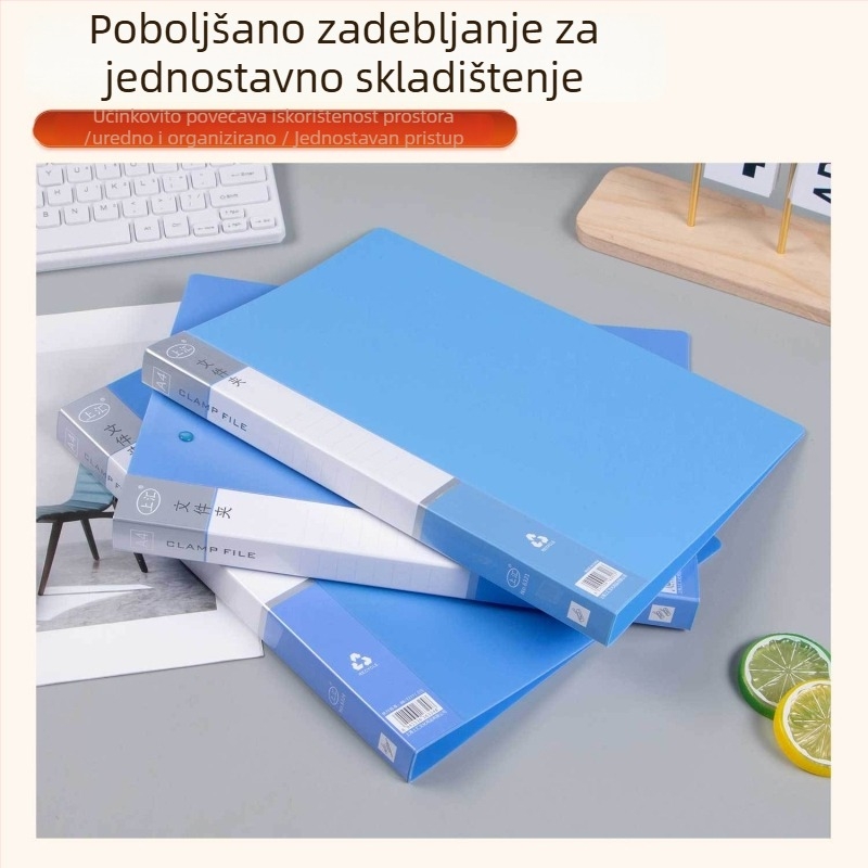 Debeli folder za uredske dokumente s plavim umetnutim stranicama za pohranu datoteka, pogodan za studentske ispite.