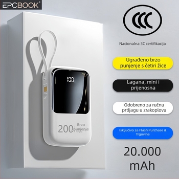 Epcbook power banka 20000mAh, 3C certificirana, tanak dizajn, s ugrađenim kabelom, PD 2.0 brzo punjenje, pogodno za putovanja z avionom