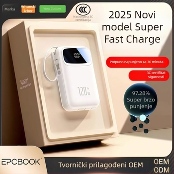 Epcbook power banka 20000mAh, 3C certificirana, tanak dizajn, s ugrađenim kabelom, PD 2.0 brzo punjenje, pogodno za putovanja z avionom