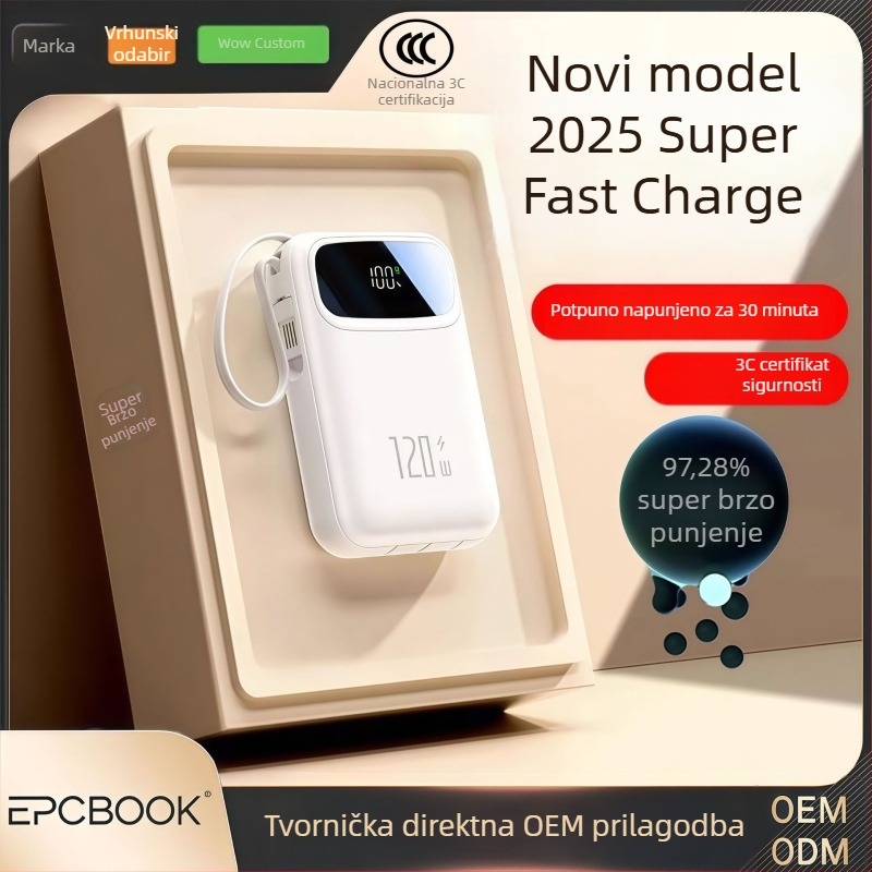 Epcbook power banka 20000mAh, 3C certificirana, tanak dizajn, s ugrađenim kabelom, PD 2.0 brzo punjenje, pogodno za putovanja z avionom