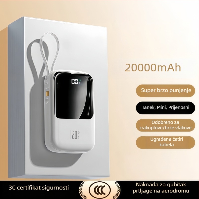 Epcbook power banka 20000mAh, 3C certificirana, tanak dizajn, s ugrađenim kabelom, PD 2.0 brzo punjenje, pogodno za putovanja z avionom