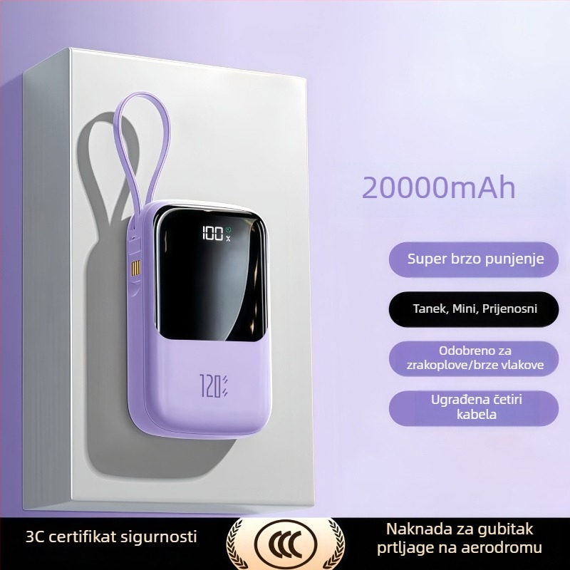 Epcbook power banka 20000mAh, 3C certificirana, tanak dizajn, s ugrađenim kabelom, PD 2.0 brzo punjenje, pogodno za putovanja z avionom